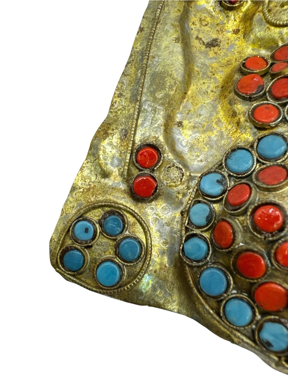 Antique Nepalese Tibetan Coral & Turquoise Brass Mahakala Hanging Mask 8.25”